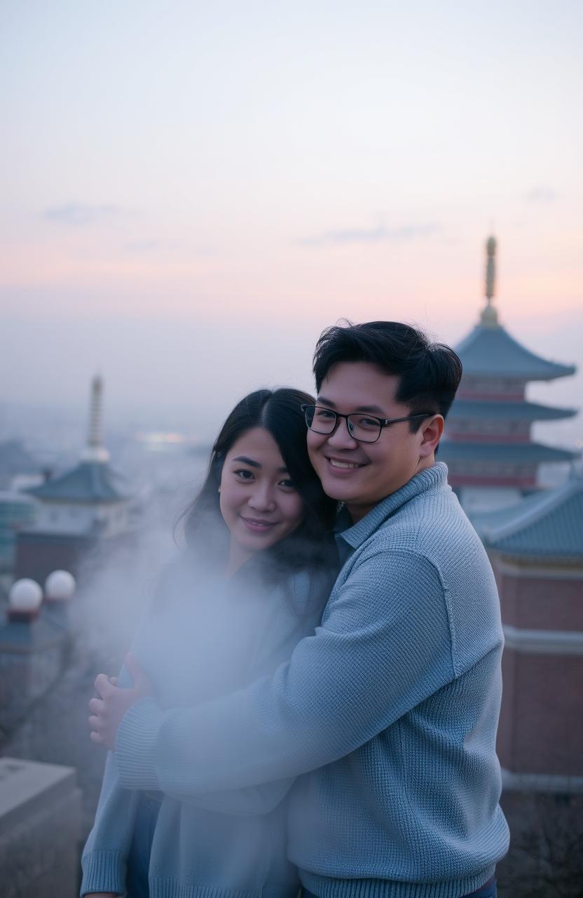 A serene, misty Seoul cityscape at dusk, featuring soft pastel colors in the sky