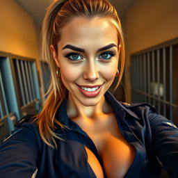 A captivating close-up selfie shot featuring a sexy female police officer with a ponytail hairstyle
