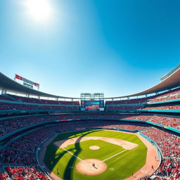 A visually striking baseball stadium filled with enthusiastic fans, vibrant team colors, and a clear blue sky