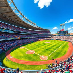 A visually striking baseball stadium filled with enthusiastic fans, vibrant team colors, and a clear blue sky