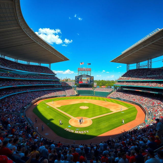 A visually striking baseball stadium filled with enthusiastic fans, vibrant team colors, and a clear blue sky