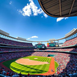 A visually striking baseball stadium filled with enthusiastic fans, vibrant team colors, and a clear blue sky