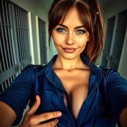 A close-up selfie view of an attractive, sexy female police officer with a chest and torso shot