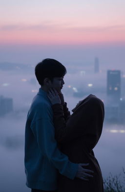 A serene, misty Seoul cityscape at dusk, with soft, diffused lights illuminating the skyline