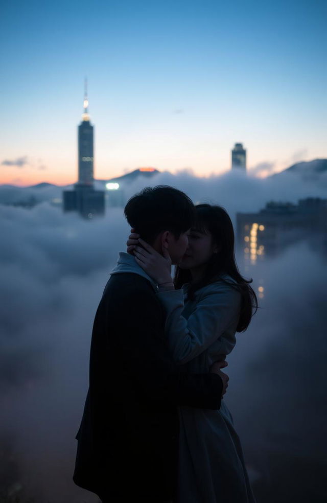 A serene, misty Seoul cityscape at dusk, with soft, diffused lights illuminating the skyline