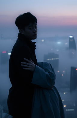 A serene, misty Seoul cityscape at dusk, with soft, diffused lights illuminating the skyline