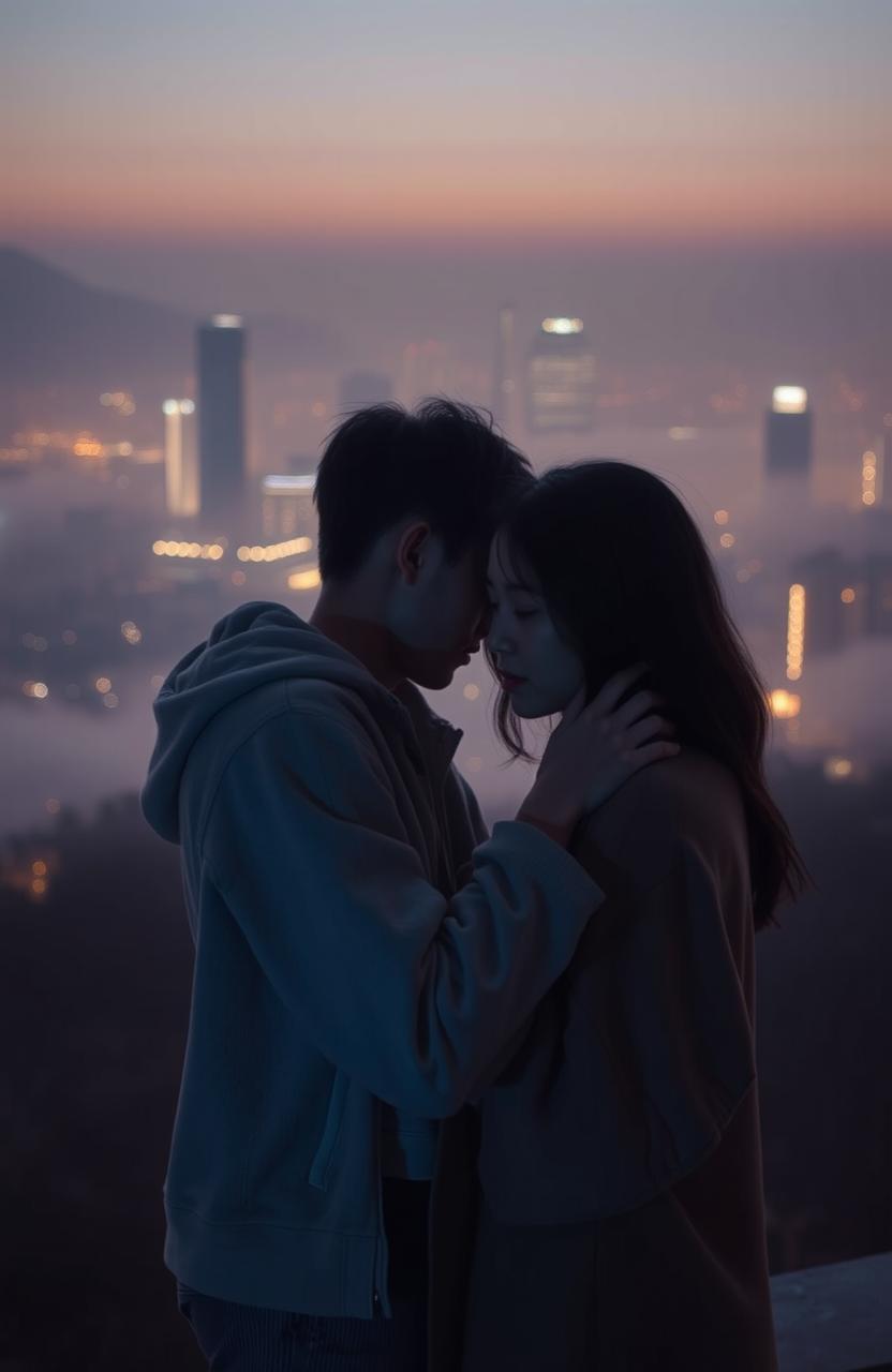 A serene, misty Seoul cityscape at dusk, with soft, diffused lights illuminating the skyline