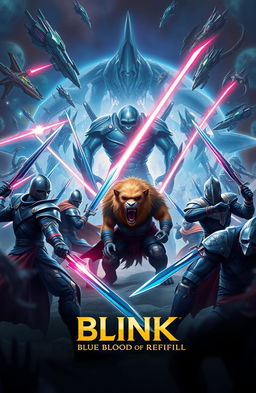A dramatic and epic battle scene titled 'BLINK: Blue Blood of Refill', depicting an intense war between aliens from another dimension and humans wielding legendary and advanced swords