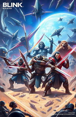 A dramatic and epic battle scene titled 'BLINK: Blue Blood of Refill', depicting an intense war between aliens from another dimension and humans wielding legendary and advanced swords