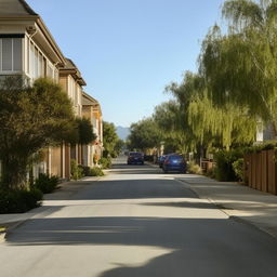 A street view of a tranquil 1-lane neighborhood road during daytime, featuring a few scattered cars, devoid of human traffic.