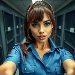 A close-up selfie shot featuring a sexy female police officer with brown hair styled in a ponytail