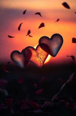 A dramatic and emotional scene depicting three separate hearts being broken simultaneously