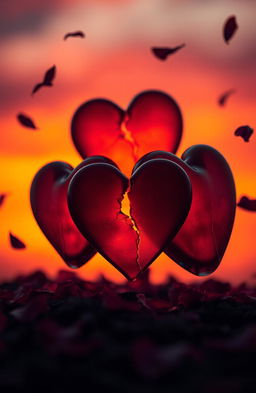 A dramatic and emotional scene depicting three separate hearts being broken simultaneously