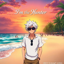 A vast beach at sunset, decorated with lush palm trees and calming waves lapping at the shore