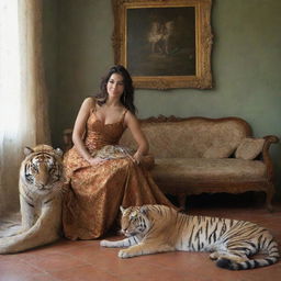 Ninfa con un Tigre un Pavo Real en un cuarto de versaiiles Estilo barroco