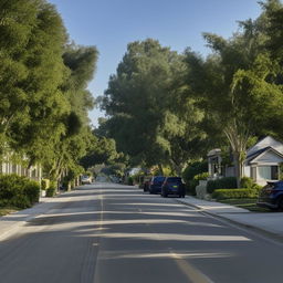 A street view of a tranquil 1-lane neighborhood road during daytime, featuring a few scattered cars, devoid of human traffic.