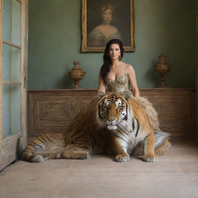 Ninfa con un Tigre un Pavo Real en un cuarto de versaiiles Estilo barroco