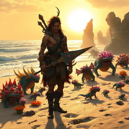 A narrative scene set on a mystical beach teeming with fantastical monsters, where the sun is setting in the distance, casting a warm, golden glow over the shimmering waves