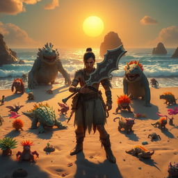 A narrative scene set on a mystical beach teeming with fantastical monsters, where the sun is setting in the distance, casting a warm, golden glow over the shimmering waves