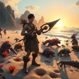 A narrative scene set on a mystical beach teeming with fantastical monsters, where the sun is setting in the distance, casting a warm, golden glow over the shimmering waves