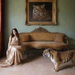 Ninfa con un Tigre un Pavo Real en un cuarto de versaiiles Estilo barroco