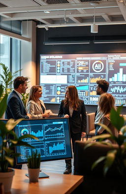 A modern and sleek office environment focusing on HR technology, showcasing elements of artificial intelligence in human resource management