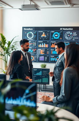 A modern and sleek office environment focusing on HR technology, showcasing elements of artificial intelligence in human resource management