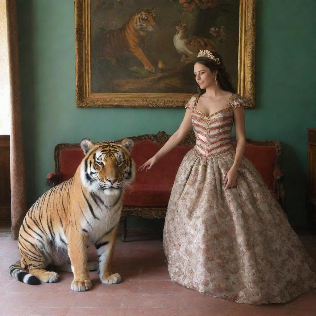 Ninfa con un Tigre un Pavo Real en un cuarto de versaiiles Estilo barroco