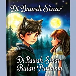 A beautiful book cover titled 'Di Bawah Sinar Bulan Purnama' depicting a picturesque and enchanting scene