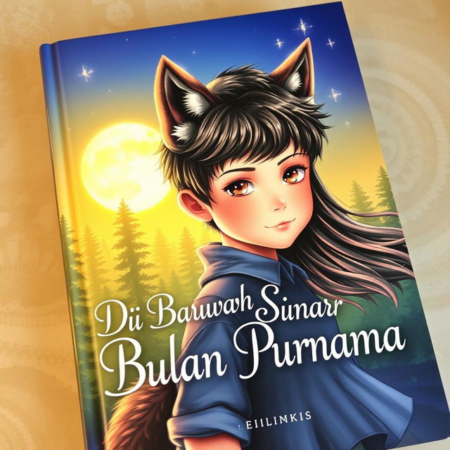 A beautiful book cover titled 'Di Bawah Sinar Bulan Purnama' depicting a picturesque and enchanting scene