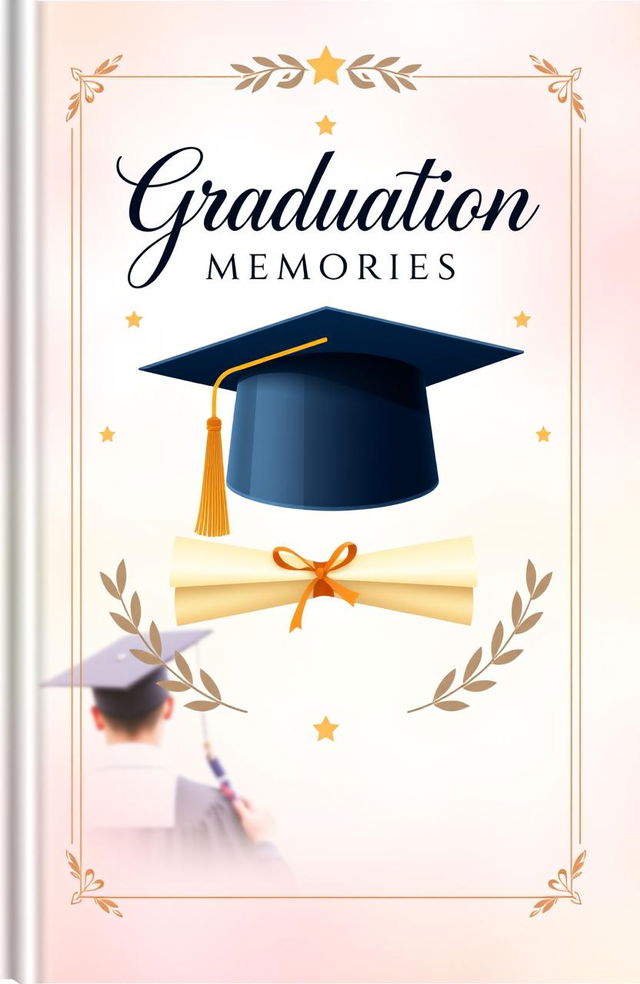 A beautifully designed graduation album cover, landscape format (20x30 cm), featuring a vibrant graduation cap and diploma prominently displayed in the center