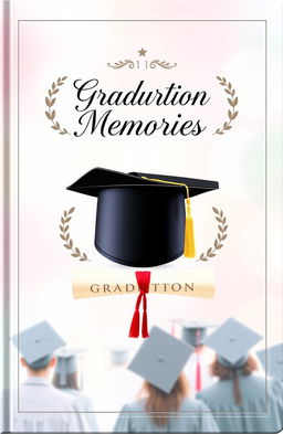 A beautifully designed graduation album cover, landscape format (20x30 cm), featuring a vibrant graduation cap and diploma prominently displayed in the center