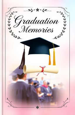 A beautifully designed graduation album cover, landscape format (20x30 cm), featuring a vibrant graduation cap and diploma prominently displayed in the center