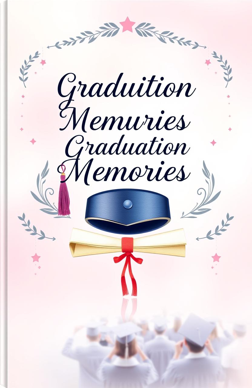 A beautifully designed graduation album cover, landscape format (20x30 cm), featuring a vibrant graduation cap and diploma prominently displayed in the center