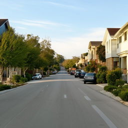 A street view of a tranquil 1-lane neighborhood road during daytime, featuring a few scattered cars, devoid of human traffic.