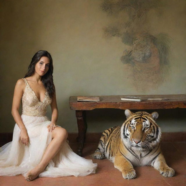 Ninfa con un Tigre un Pavo Real en un cuarto de versaiiles Estilo Guillermo Lorca