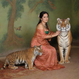 Ninfa con un Tigre un Pavo Real en un cuarto de versaiiles Estilo Guillermo Lorca