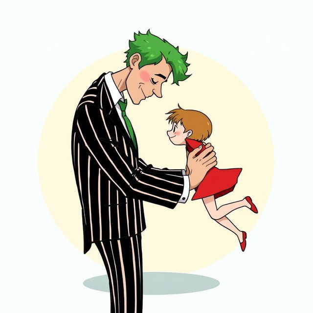 A comic style illustration featuring a tall man with green hair dressed in a black and white striped suit embracing a tiny girl