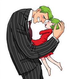 A comic style illustration featuring a tall man with green hair dressed in a black and white striped suit embracing a tiny girl