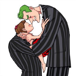 A comic style illustration featuring a tall man with green hair dressed in a black and white striped suit embracing a tiny girl