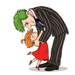 A comic style illustration featuring a tall man with green hair dressed in a black and white striped suit embracing a tiny girl