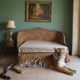 Ninfa con un Tigre estilo barroco, un Pavo Real estilo barroco en un cuarto de versaiiles Estilo Guillermo Lorca