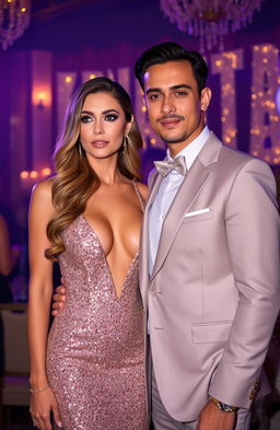 A glamorous woman wearing a sexy, glittery dress that sparkles under the lights, with an elegant fit that hugs her figure