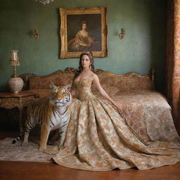 Ninfa con un Tigre estilo barroco, un Pavo Real estilo barroco en un cuarto de versaiiles Estilo Guillermo Lorca