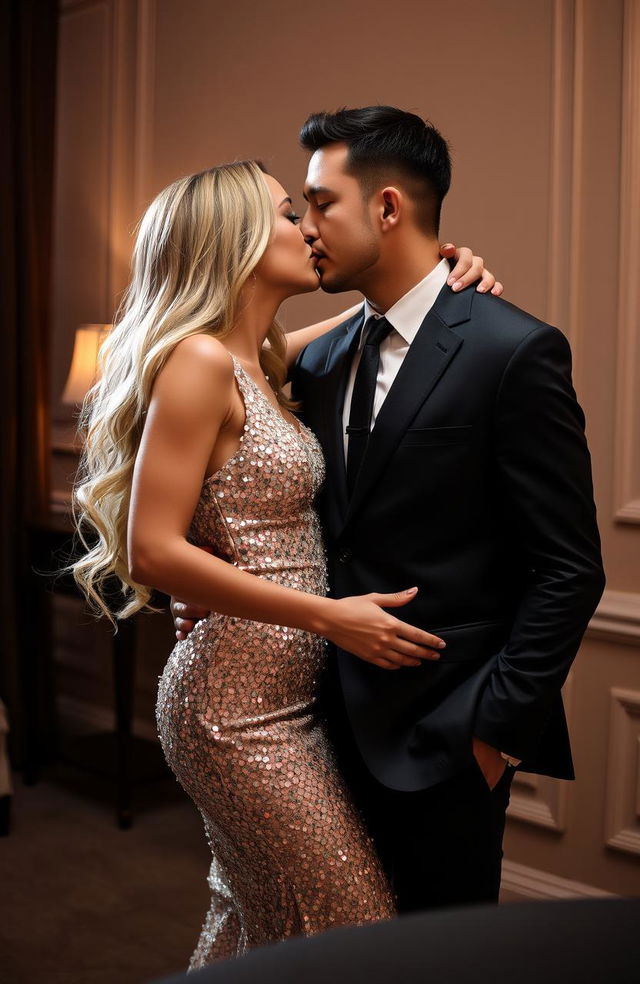 A woman wearing a dazzling glittery dress, exuding elegance and allure, leans in to kiss a well-dressed man in a sharp suit