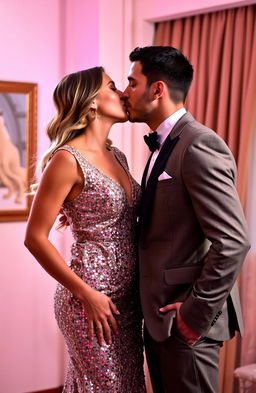 A woman wearing a dazzling glittery dress, exuding elegance and allure, leans in to kiss a well-dressed man in a sharp suit