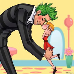 A whimsical, detailed cartoon style illustration of a tall man and a little tiny woman embracing