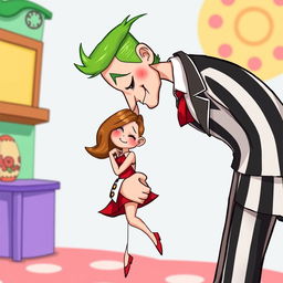 A whimsical, detailed cartoon style illustration of a tall man and a little tiny woman embracing