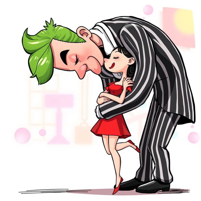 A whimsical, detailed cartoon style illustration of a tall man and a little tiny woman embracing