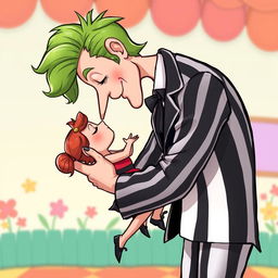 A whimsical, detailed cartoon style illustration of a tall man and a little tiny woman embracing